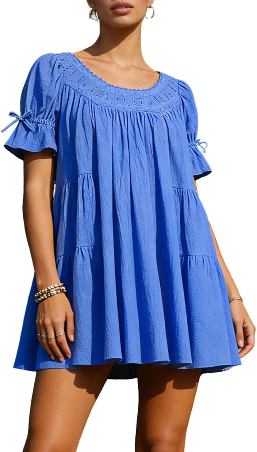 QLQLWDD Women Square Neck Babydoll Mini Dress Y2k Puff Sleeve Flowy Short Dress Loose Bow Tie Ruffle Trim Going Out Sundress