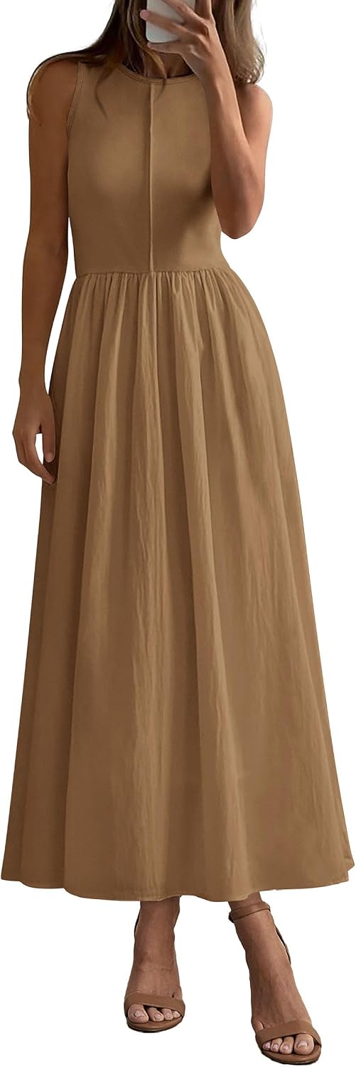 Ribbed Knit Sleeveless A-Line Maxi Dress in Khaki