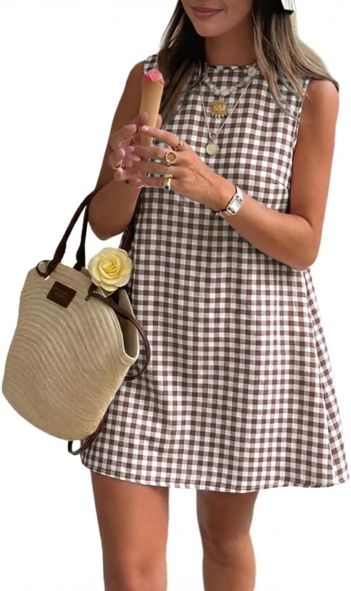 Plaid Mock-Neck Sleeveless A-Line Mini Dress in Coffee