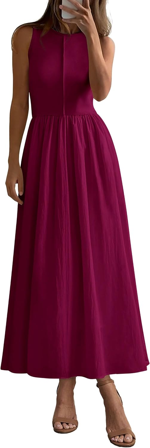 Ribbed Knit Sleeveless A-Line Maxi Dress in Wine Red