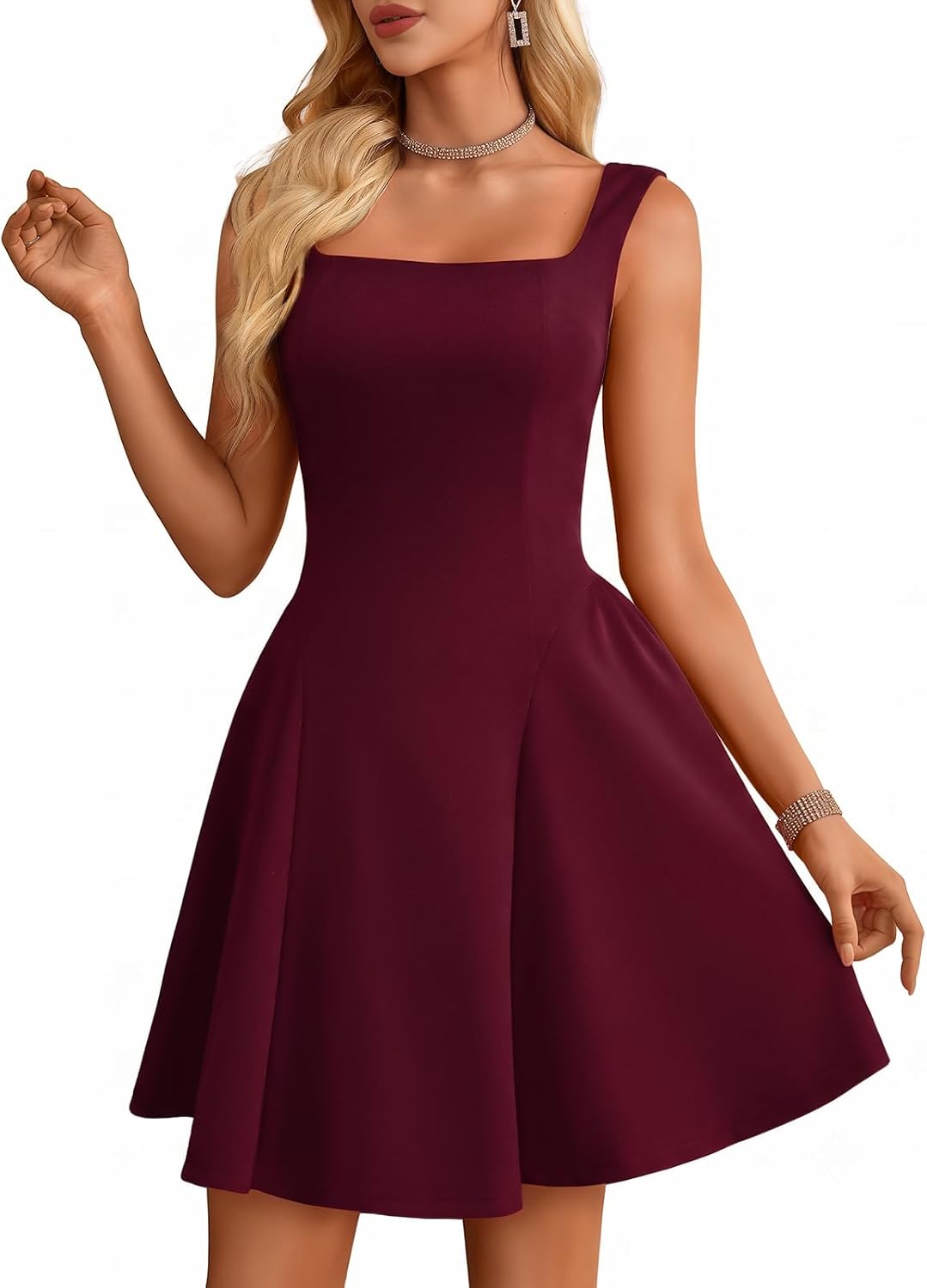 Bbonlinedress Womens Short Formal Wedding Guest Cocktail Homecoming Dress | Square Neck Sleeveless Semi Formal A-line Mini Dress for Teens, Wedding, Graduation, Birthday, Prom, Summer Party