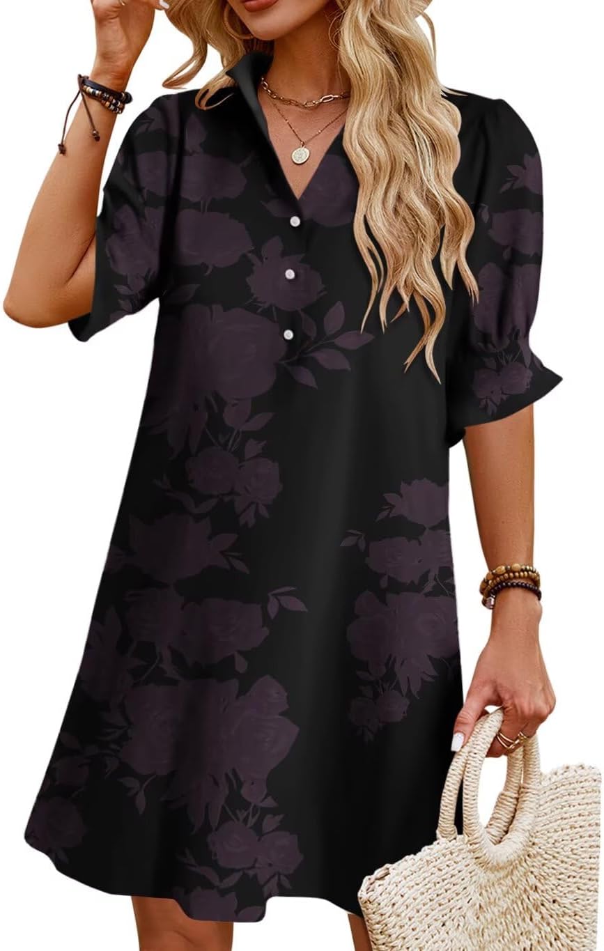 JPGLOV Womens Summer Shirt Mini Beach Dresses | Button Down Shift Dress,Ruffle Short Sleeve,Floral Boho Style,Side Pockets,Casual Vacation Hawaiian Wedding Guest Outfits