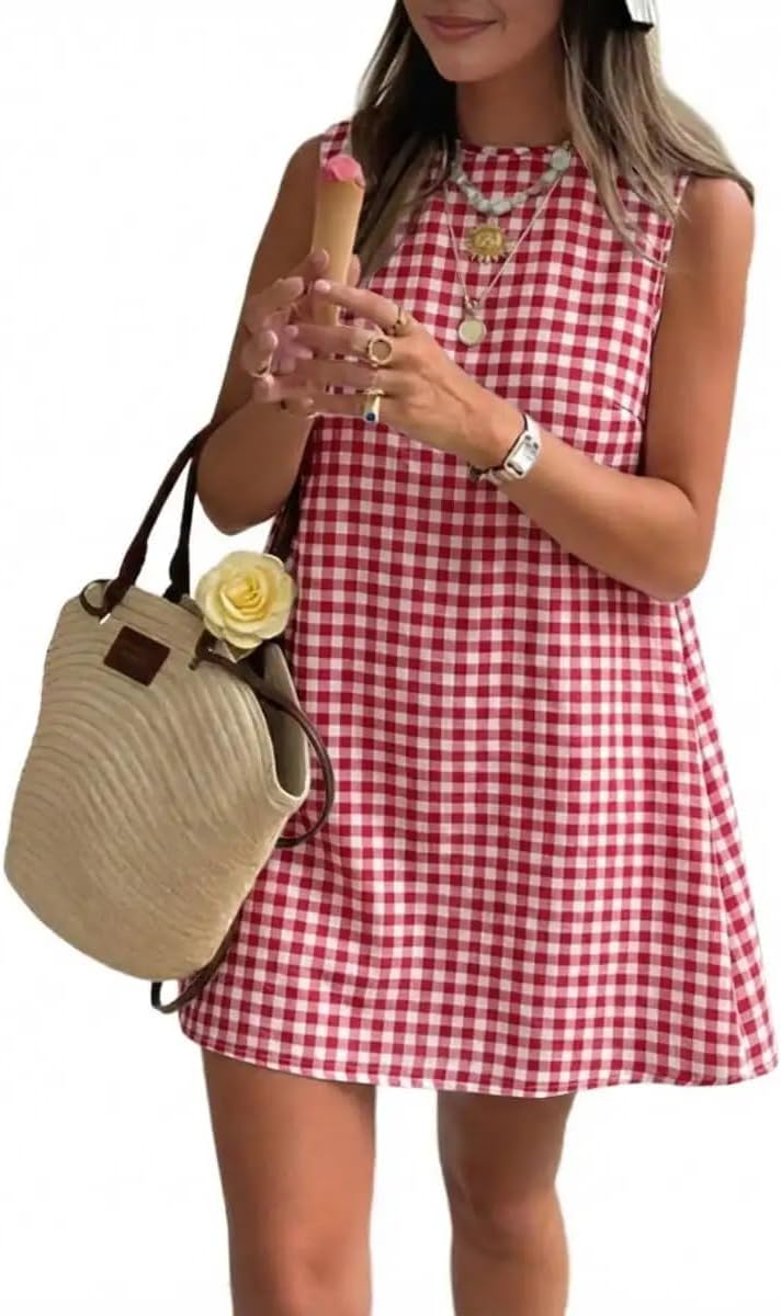 Plaid Mock-Neck Sleeveless A-Line Mini Dress in Wine