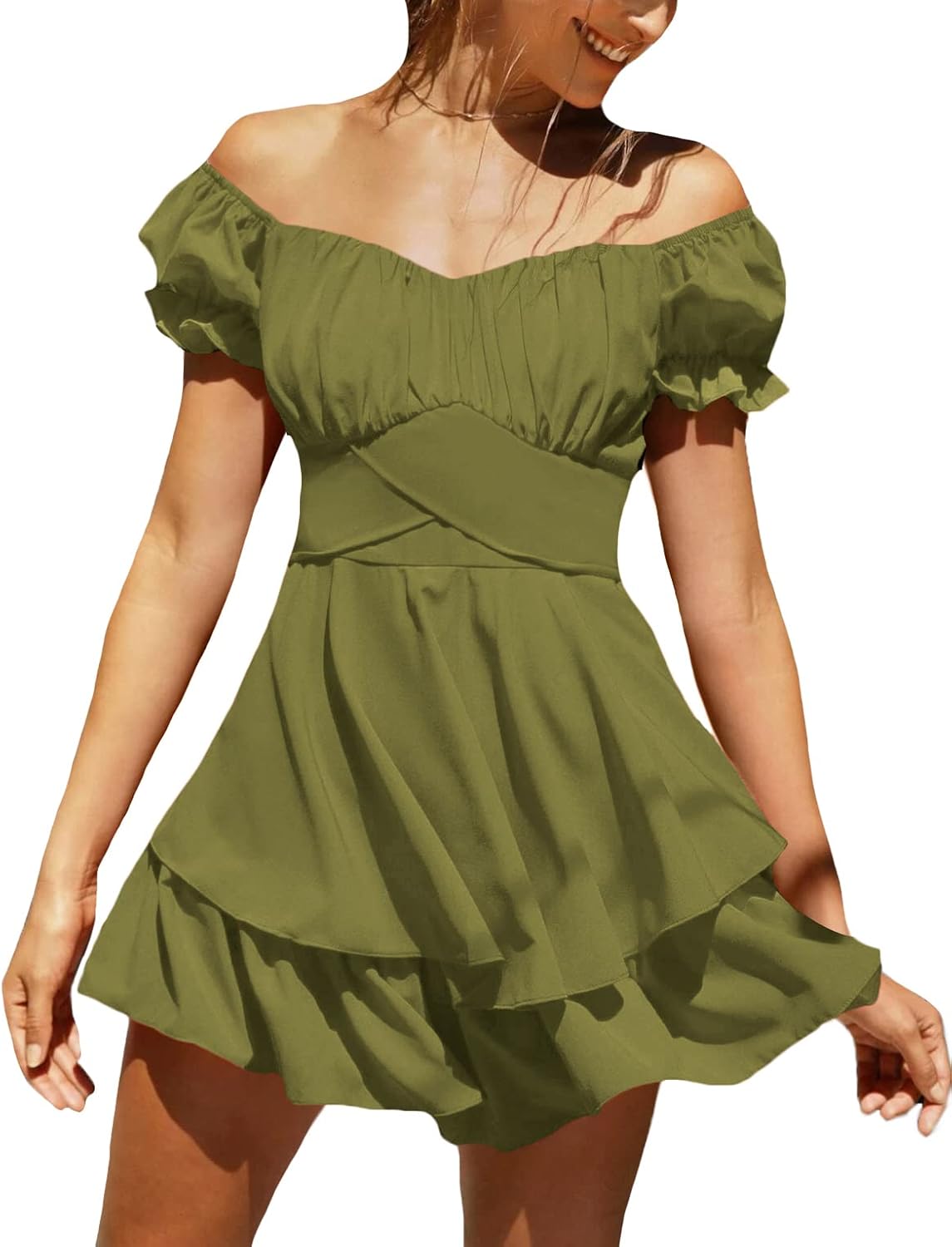 LYANER Women's Off Shoulder Casual Dress | Summer Tie Back Wrap Layer Ruffle A Line Short Sleeve Party Elegant Mini Dresses