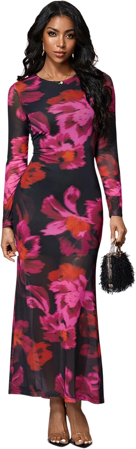 Floral Long-Sleeve Bodycon Maxi Dress in Pink