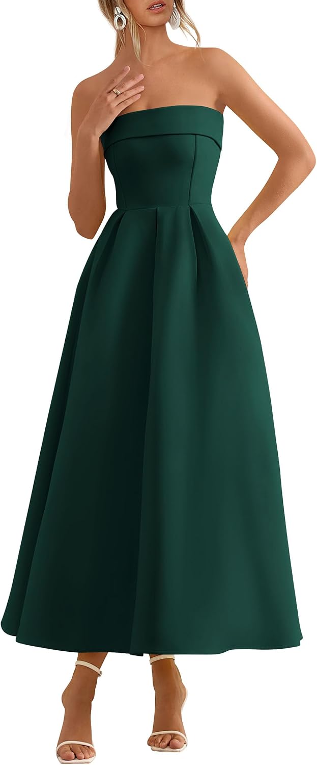 Tube-Top Strapless Midi Cocktail Dress in Dark Green