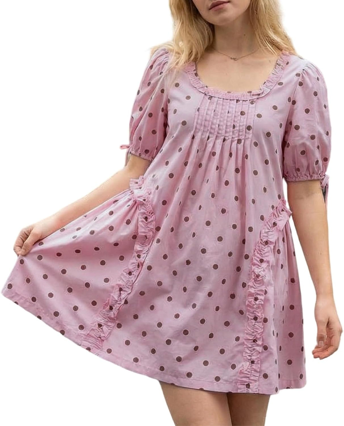 QLQLWDD Women Square Neck Babydoll Mini Dress Y2k Puff Sleeve Flowy Short Dress Loose Bow Tie Ruffle Trim Going Out Sundress