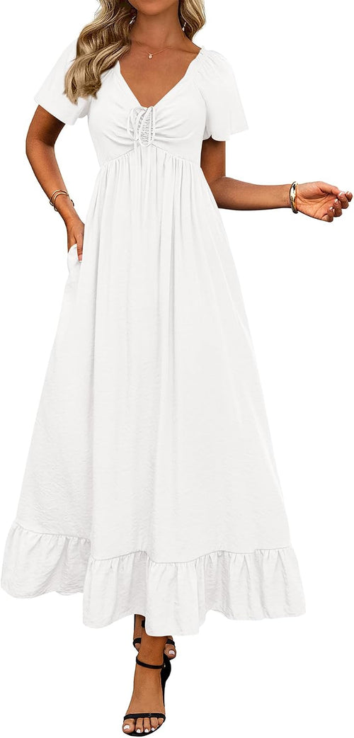 BTFBM Womens Summer Dresses 2026 Wedding Guest Maxi Dress | Short Sleeve, V Neck, Drawstring,A-Line,Loose Fit,Solid,Cocktail,Party,Boho Beach Long Dress,Prom,Beach Vacation Clothes