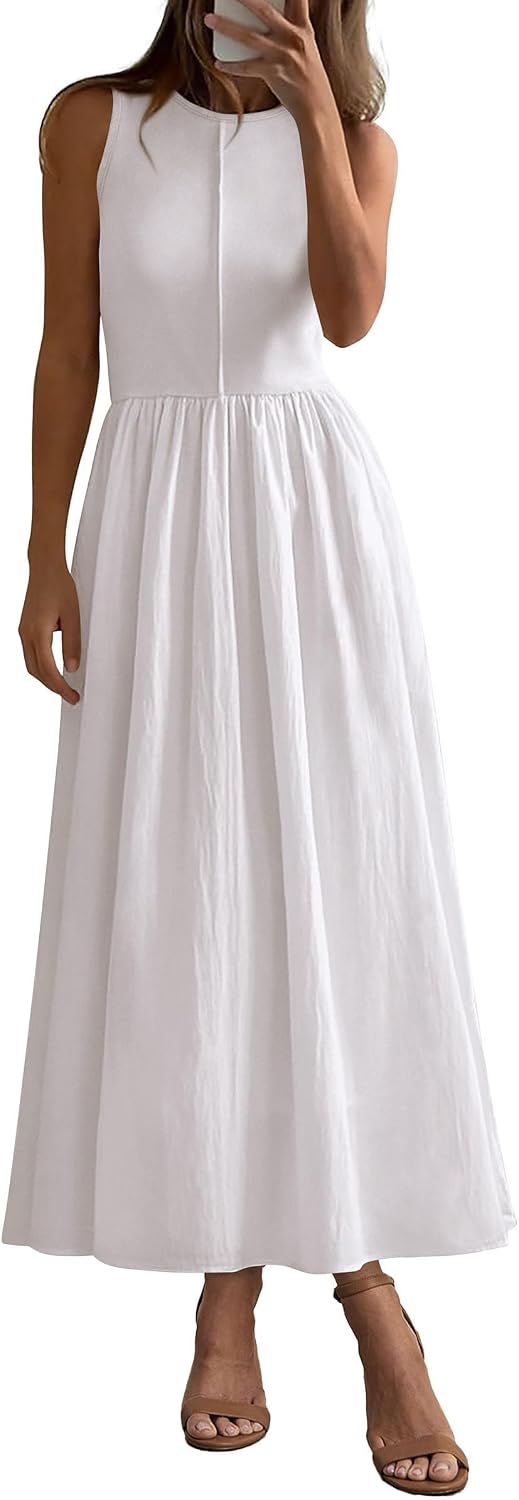 Ribbed Knit Sleeveless A-Line Maxi Dress in White