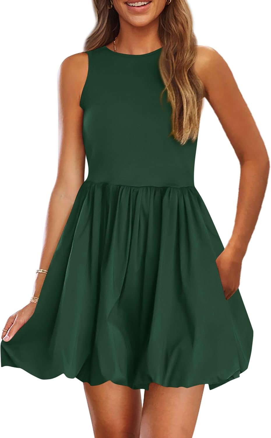 Crew-Neck Sleeveless Mini Dress in Dark Green