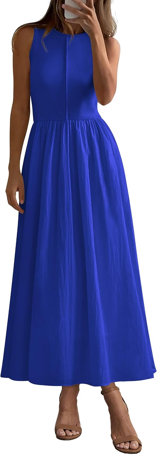 Ribbed Knit Sleeveless A-Line Maxi Dress in Blue