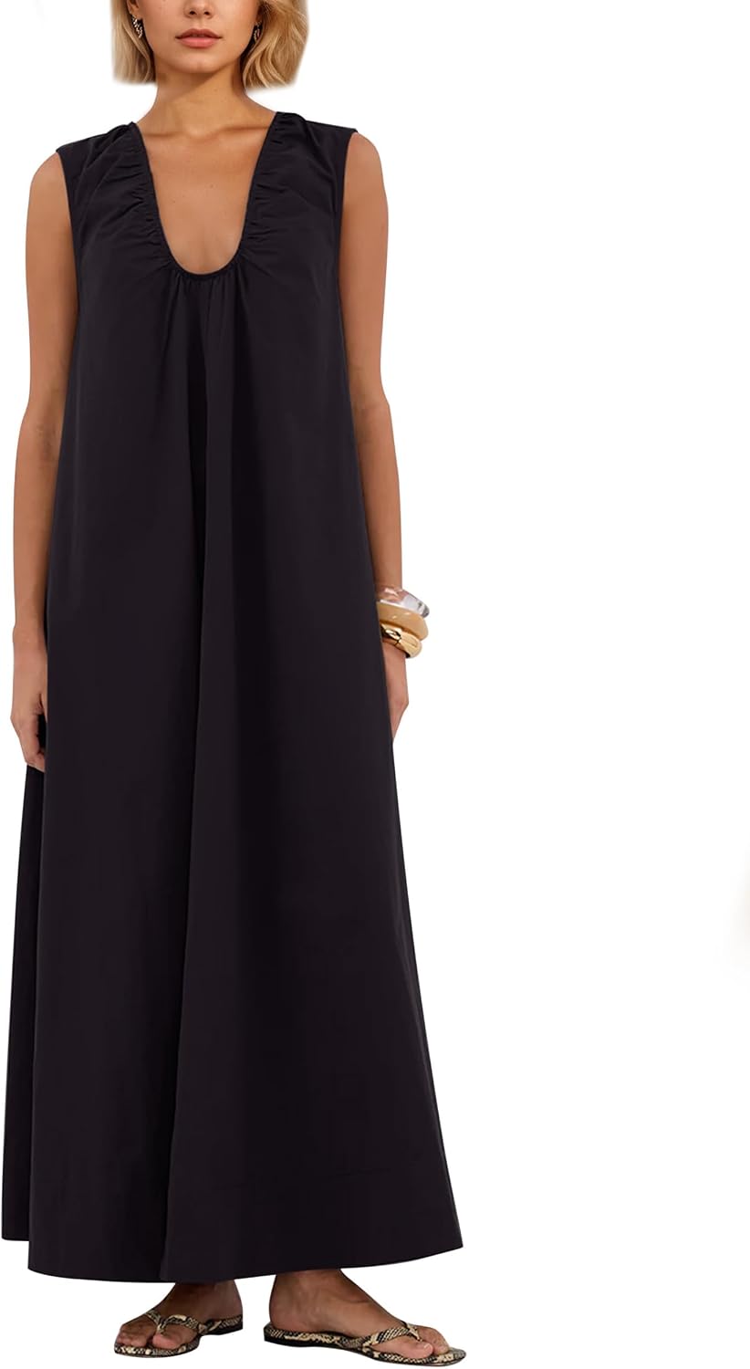 Ardrem Women Sleeveless Ruched Maxi Dress Scoop Neck Long Elegant Dresses Wide Shoulder Strap Blouse Dress with Side Pockets