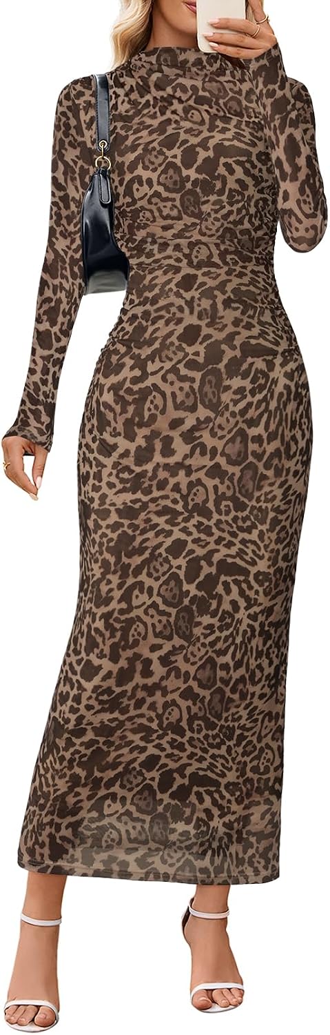 Floral Mesh Long-Sleeve Bodycon Maxi Dress in Leopard