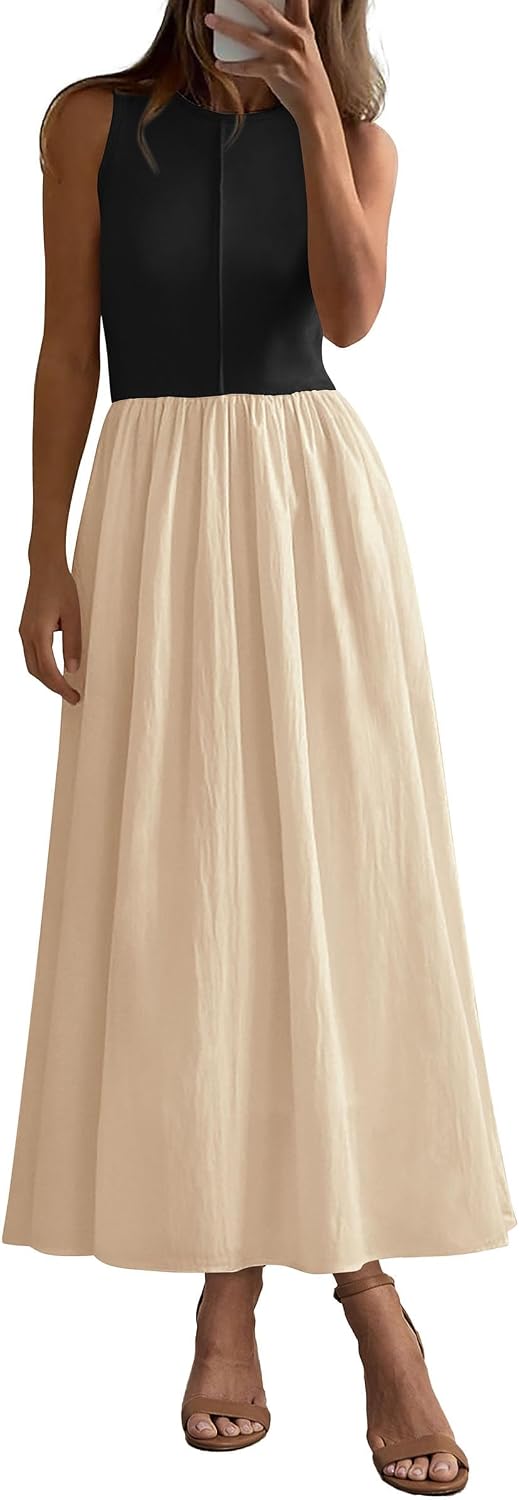 Ribbed Knit Sleeveless A-Line Maxi Dress in Beige Black