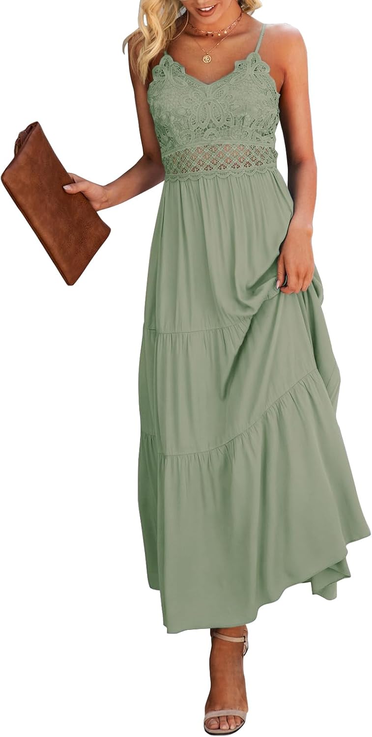 Dokuritu Women's Beach Crochet Lace Maxi Dress Solid Color Summer Vacation Wedding Guest Spaghetti Strap Long Dress