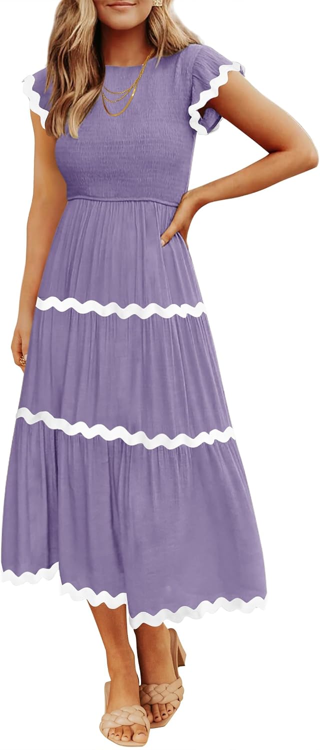 Crew-Neck Short-Sleeve Tiered Midi Dress in Purple