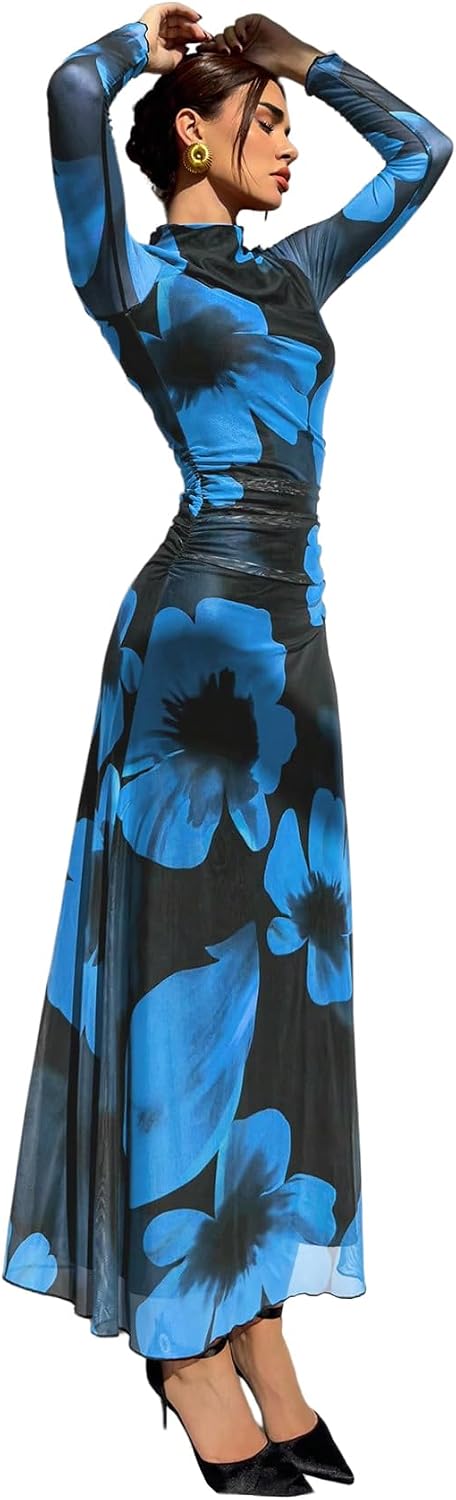 Verdusa Women's Floral Wedding Guest Dress Long Sleeve Mesh Maxi Dresses | Bodycon Dresses, Elegant Dresses for Women, Flowy Dresses, Cocktail Outfits, Fall Dresses for Women