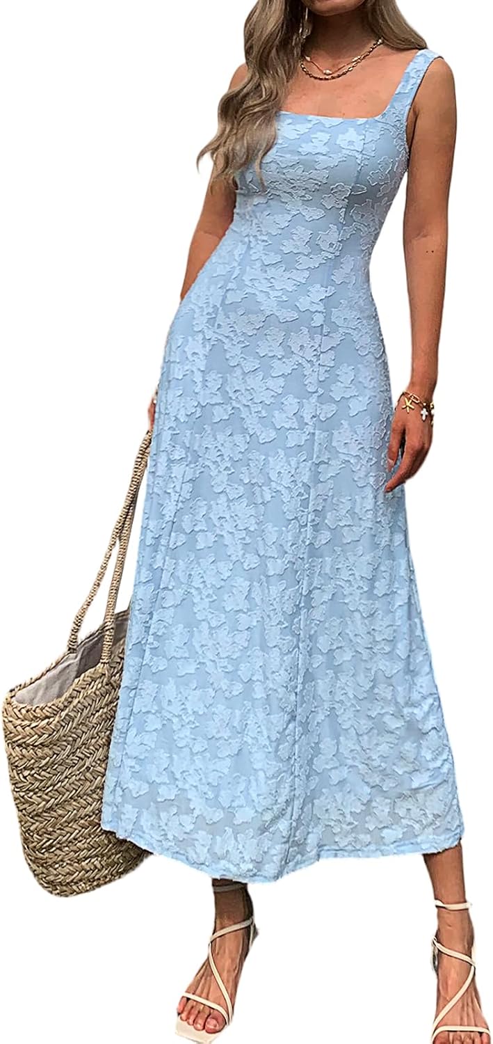 Mieazom Women\u2019s Floral Maxi Dress Square Neck Sleeveless A Line Summer Dress Elegant Fitted Bodice Flowy Long Sundress