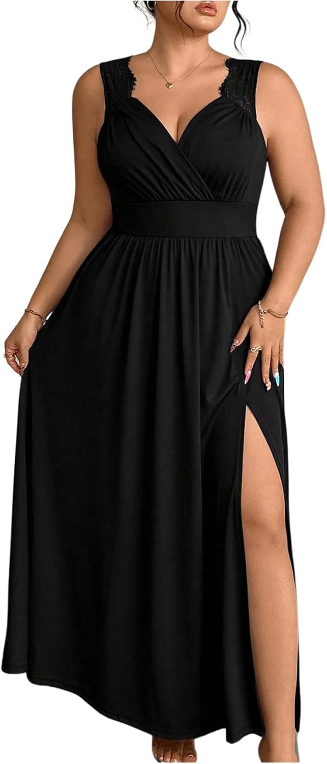OYOANGLE Women's Plus Size Formal Evening Maxi Dress Wedding Guest Party | High Slit ,Split Side Sleeveless Wrap V Neck Lace Trim Sleeveless Long Cocktail Dress,Summer