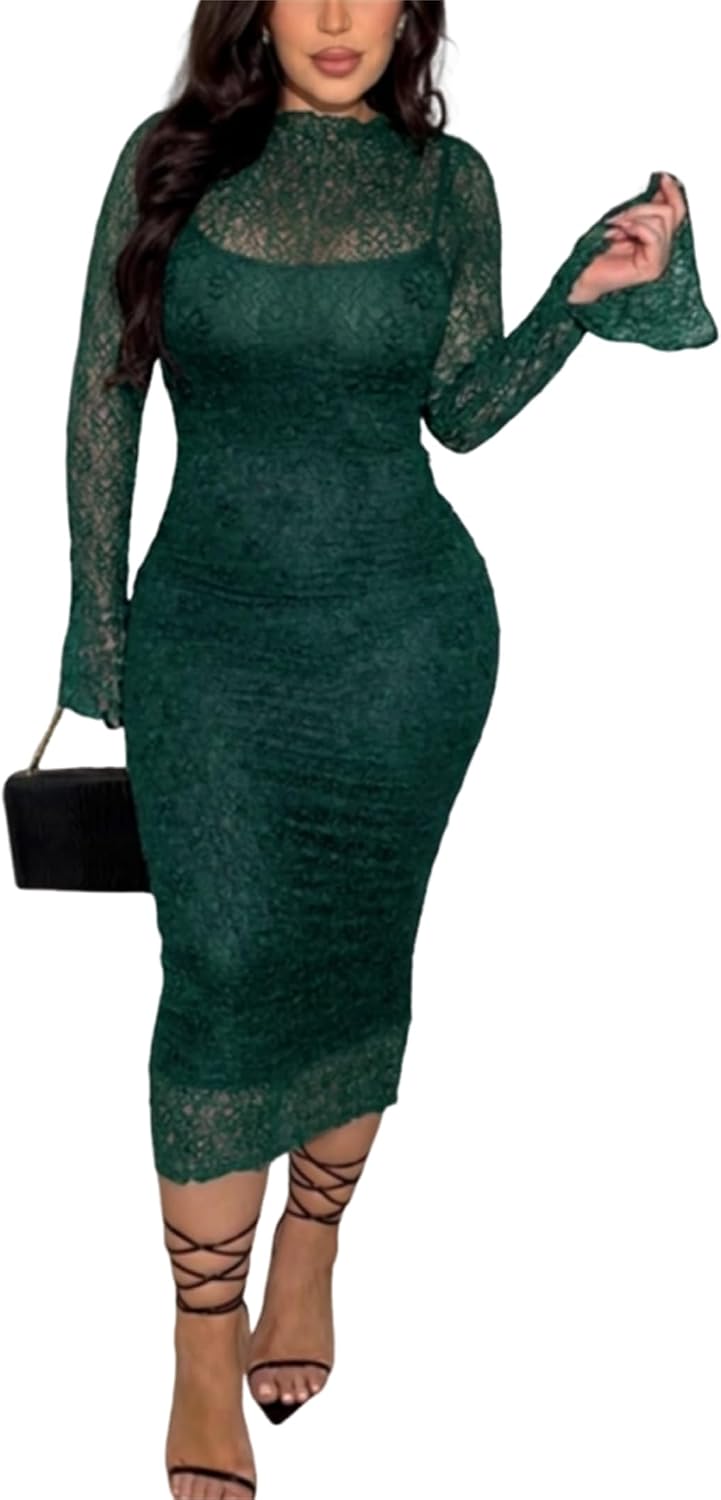Women\u2019s Lace Bodycon Midi Dress Long Sleeve Cocktail Wedding Guest Dress | Soft Stretch Sheer Lace,Curve-hugging Bodycon Fit,Elegant Midi Dress for Birthday,Party Club,Date Night,Prom Dress