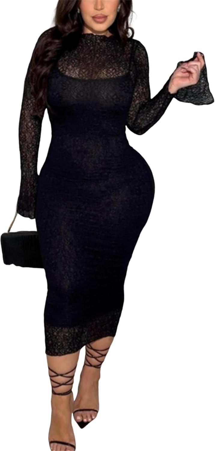 Women\u2019s Lace Bodycon Midi Dress Long Sleeve Cocktail Wedding Guest Dress | Soft Stretch Sheer Lace,Curve-hugging Bodycon Fit,Elegant Midi Dress for Birthday,Party Club,Date Night,Prom Dress