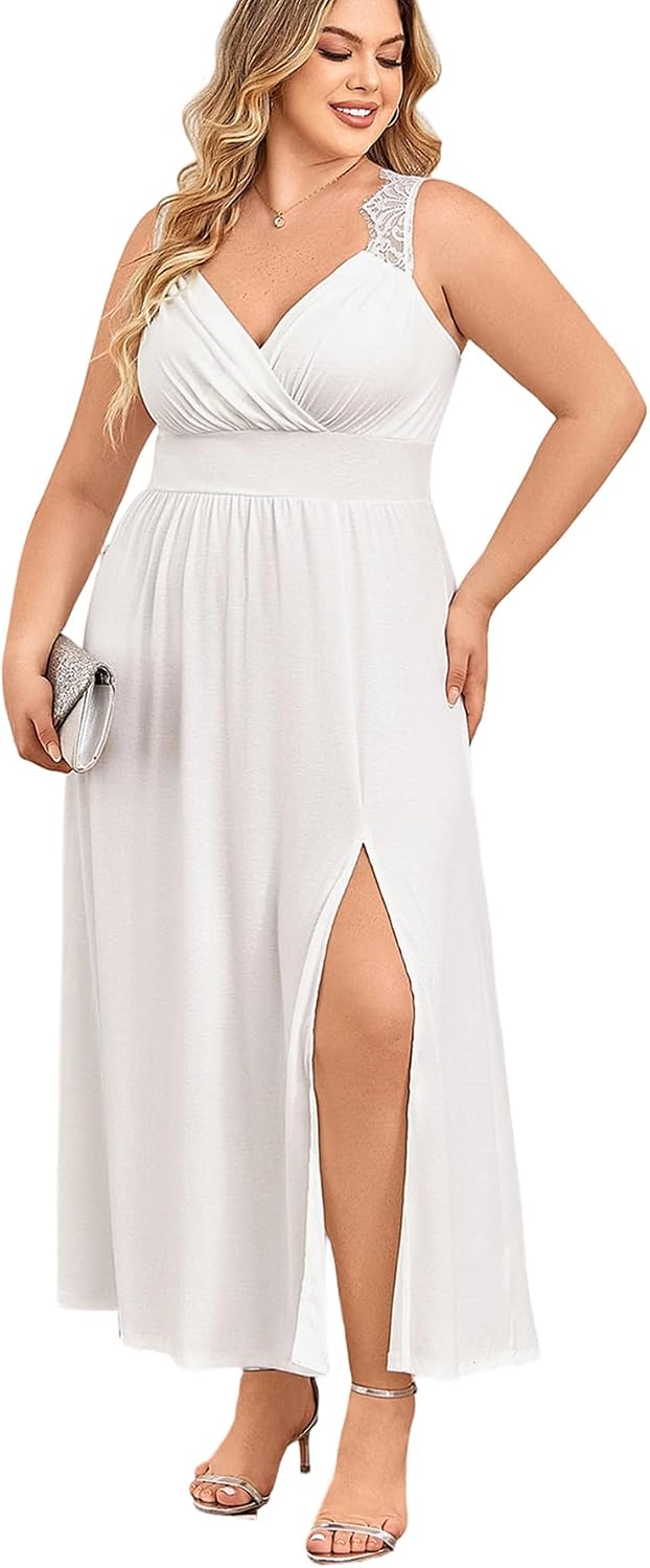 OYOANGLE Women's Plus Size Formal Evening Maxi Dress Wedding Guest Party | High Slit ,Split Side Sleeveless Wrap V Neck Lace Trim Sleeveless Long Cocktail Dress,Summer