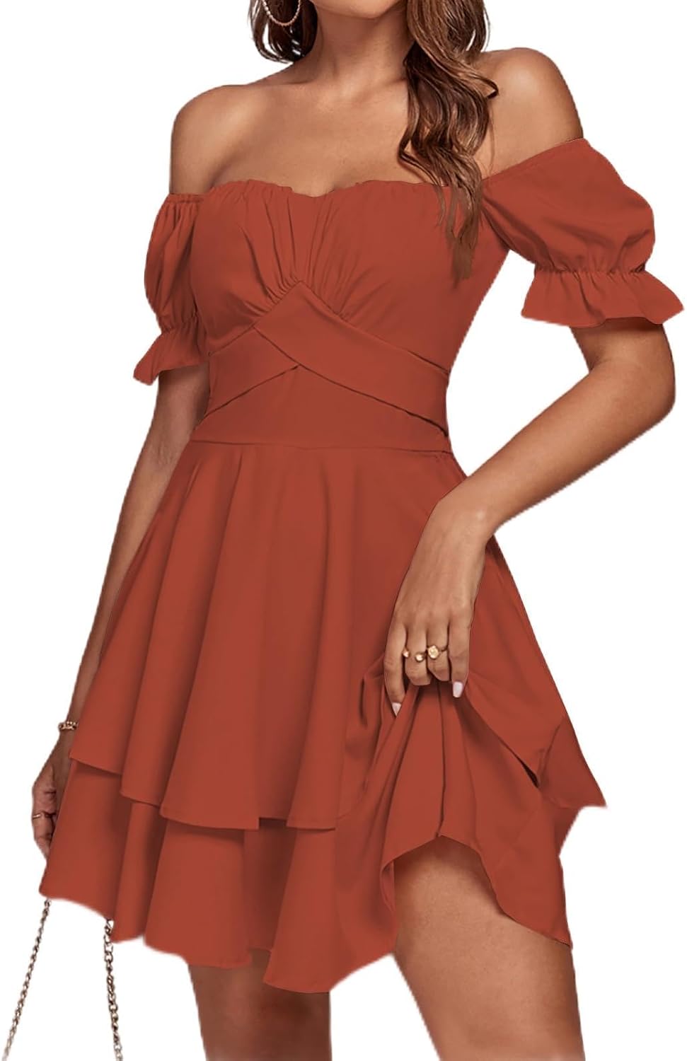 LYANER Women's Off Shoulder Casual Dress | Summer Tie Back Wrap Layer Ruffle A Line Short Sleeve Party Elegant Mini Dresses