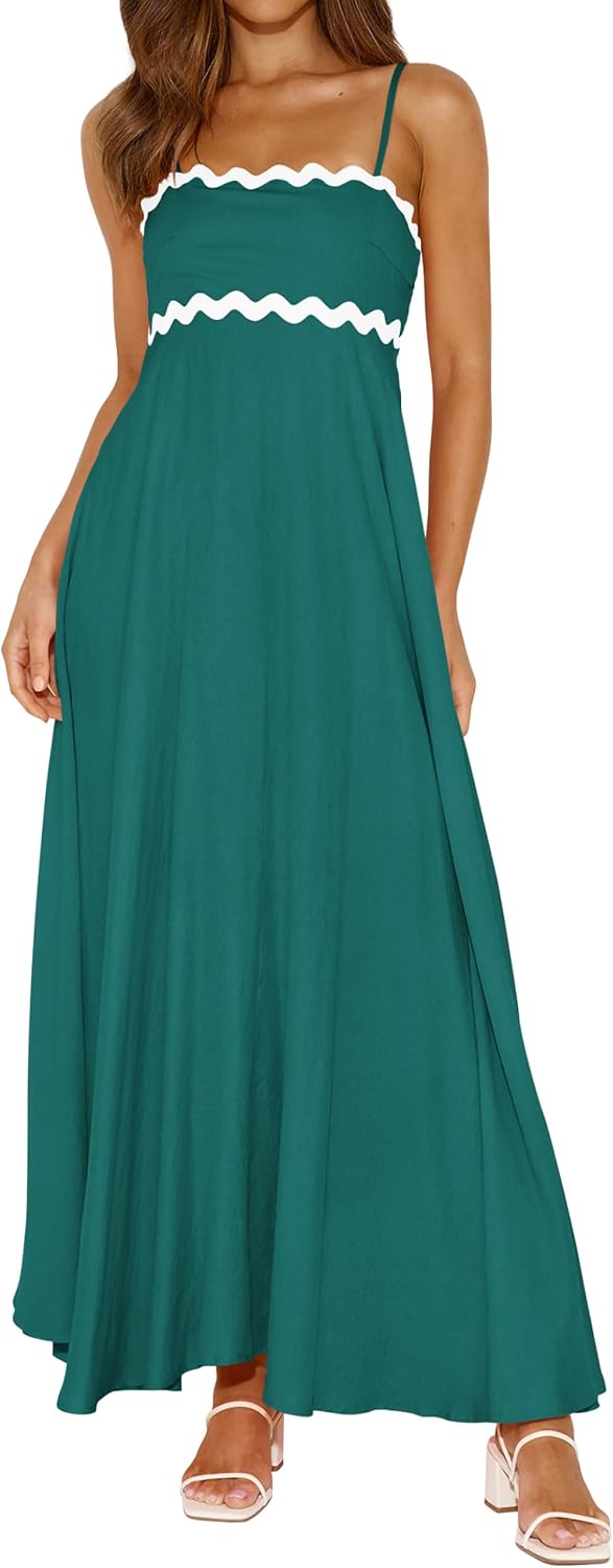 PRETTYGARDEN Women Spaghetti Strap Boho Maxi Dresses Flowy | Sleeveless Smocked Long Dress, Striped Trim Flowy Dress Pockets, Elegant Square Neck Beach Sundress, Casual Summer Outfits