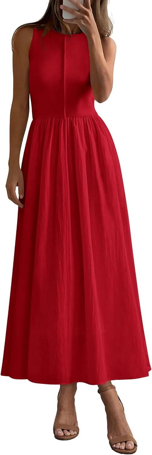 Ribbed Knit Sleeveless A-Line Maxi Dress in Red