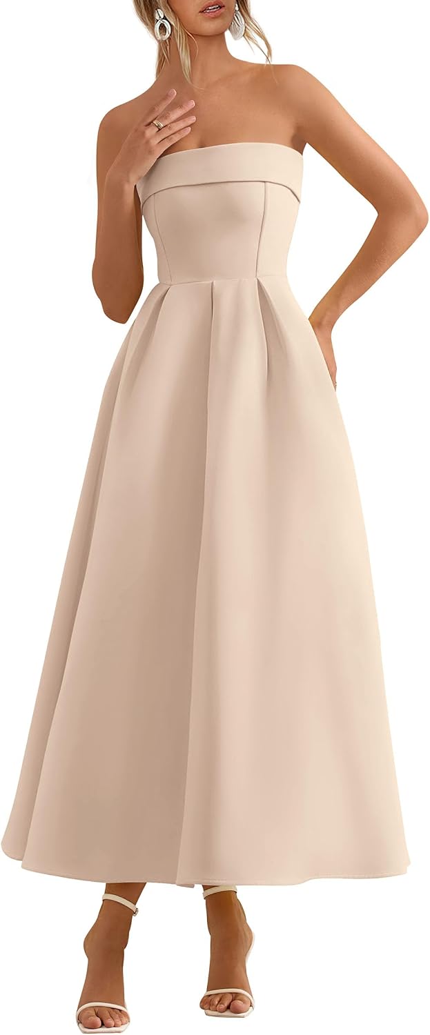 Tube-Top Strapless Midi Cocktail Dress in Beige
