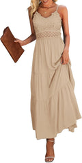 Dokuritu Women's Beach Crochet Lace Maxi Dress Solid Color Summer Vacation Wedding Guest Spaghetti Strap Long Dress