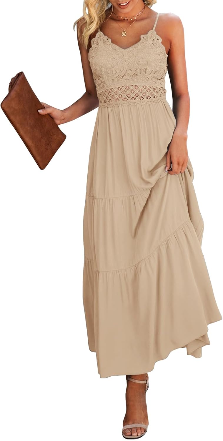 Dokuritu Women's Beach Crochet Lace Maxi Dress Solid Color Summer Vacation Wedding Guest Spaghetti Strap Long Dress