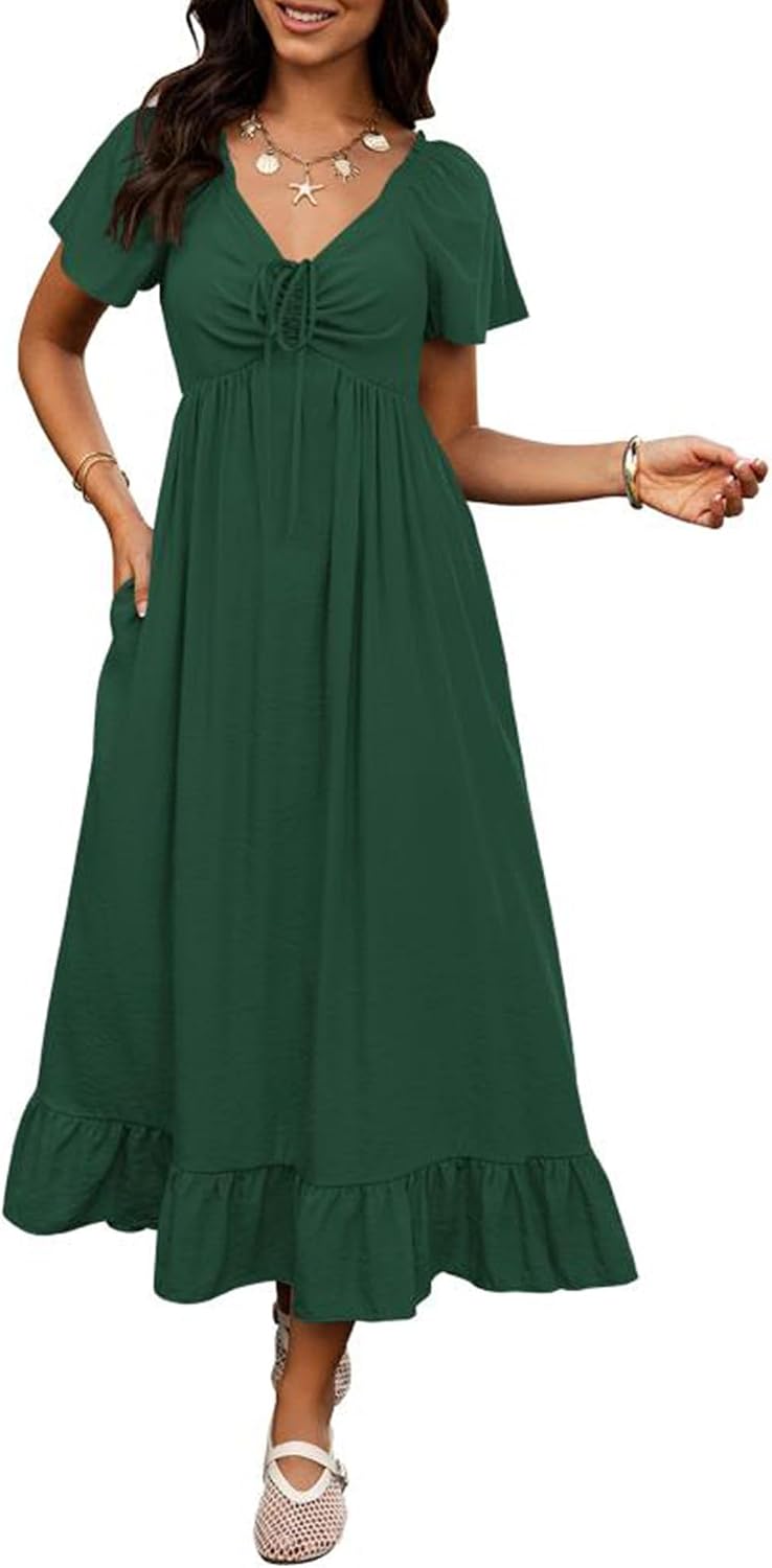 BTFBM Womens Summer Dresses 2026 Wedding Guest Maxi Dress | Short Sleeve, V Neck, Drawstring,A-Line,Loose Fit,Solid,Cocktail,Party,Boho Beach Long Dress,Prom,Beach Vacation Clothes