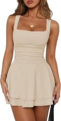 OKIFOIR Women's Square Neck Ruffle Hem Mini Dress | Ruched Waist, A Line, Sleeveless Corset Stretchy Short Homecoming Party Dresses