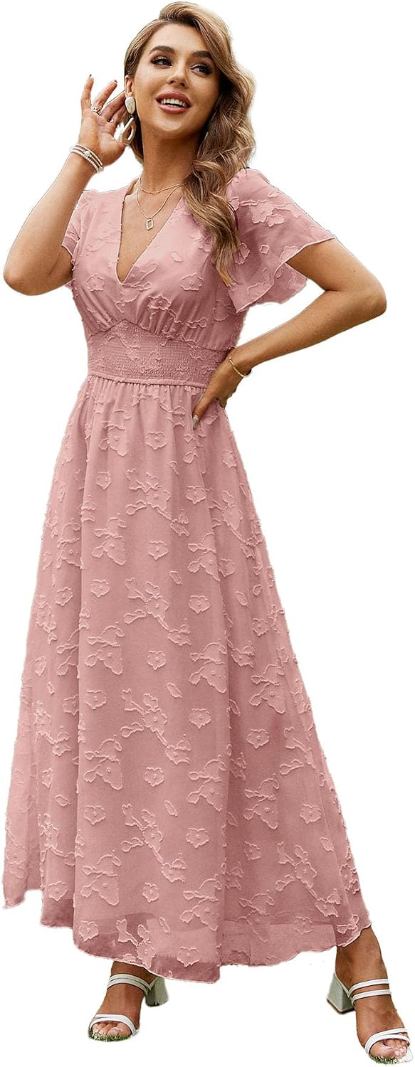 Floral V-Neck Short-Sleeve Maxi Dress in Grey Pink