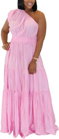 Lucuna Women's Linen One Shoulder Flowy Summer Boho Maxi Dresses | Beach Vacation Outfits, Off Shoulder Sleeveless Ruffle Tiered, Elastic Waist A Line Long Dress, Fall Casual