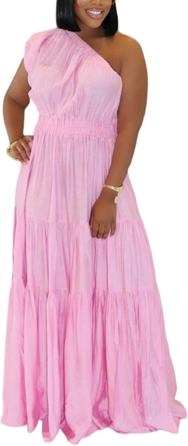 Lucuna Women's Linen One Shoulder Flowy Summer Boho Maxi Dresses | Beach Vacation Outfits, Off Shoulder Sleeveless Ruffle Tiered, Elastic Waist A Line Long Dress, Fall Casual
