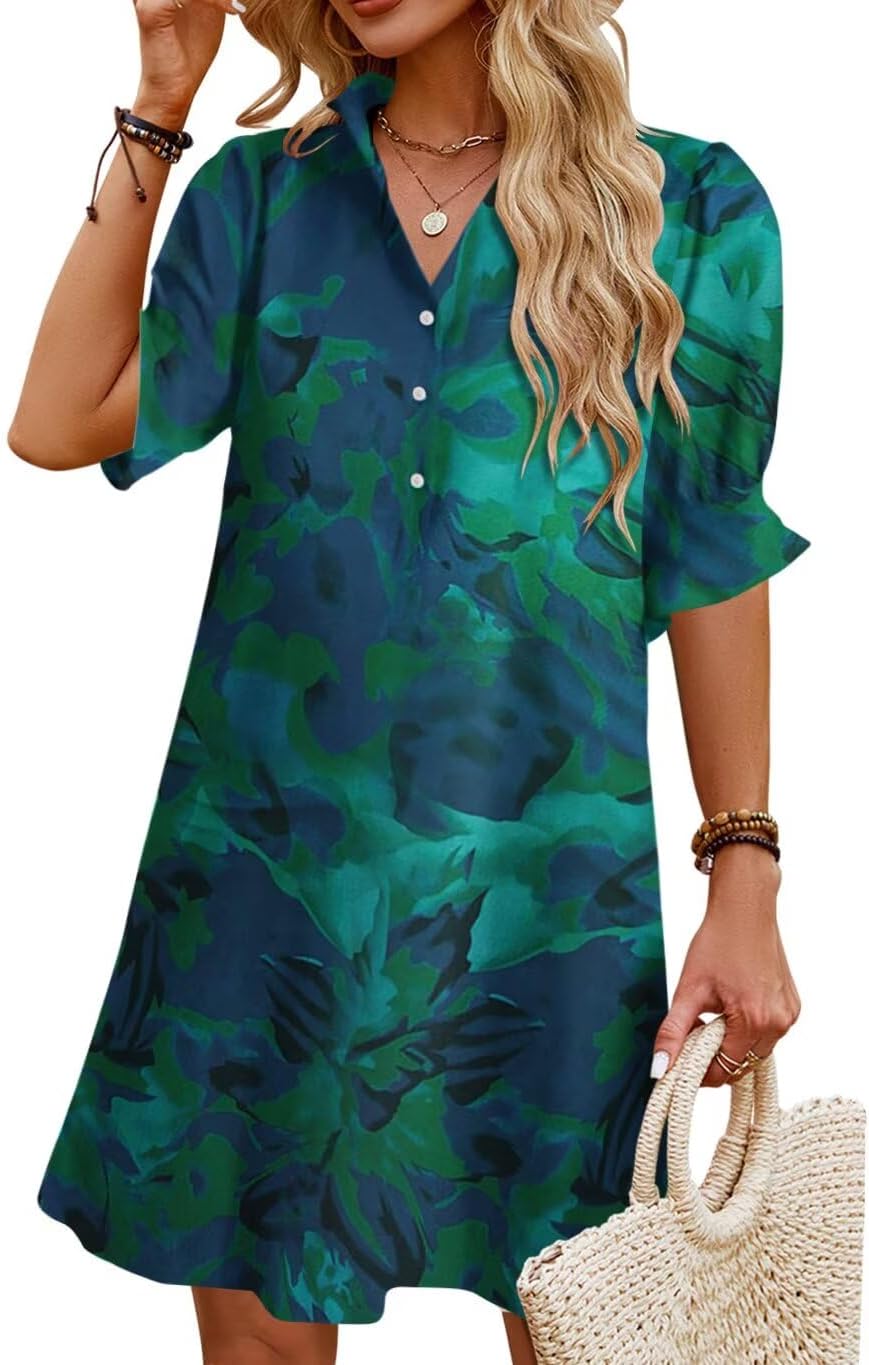 JPGLOV Womens Summer Shirt Mini Beach Dresses | Button Down Shift Dress,Ruffle Short Sleeve,Floral Boho Style,Side Pockets,Casual Vacation Hawaiian Wedding Guest Outfits