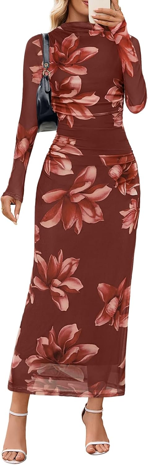 Floral Mesh Long-Sleeve Bodycon Maxi Dress in Brown Floral
