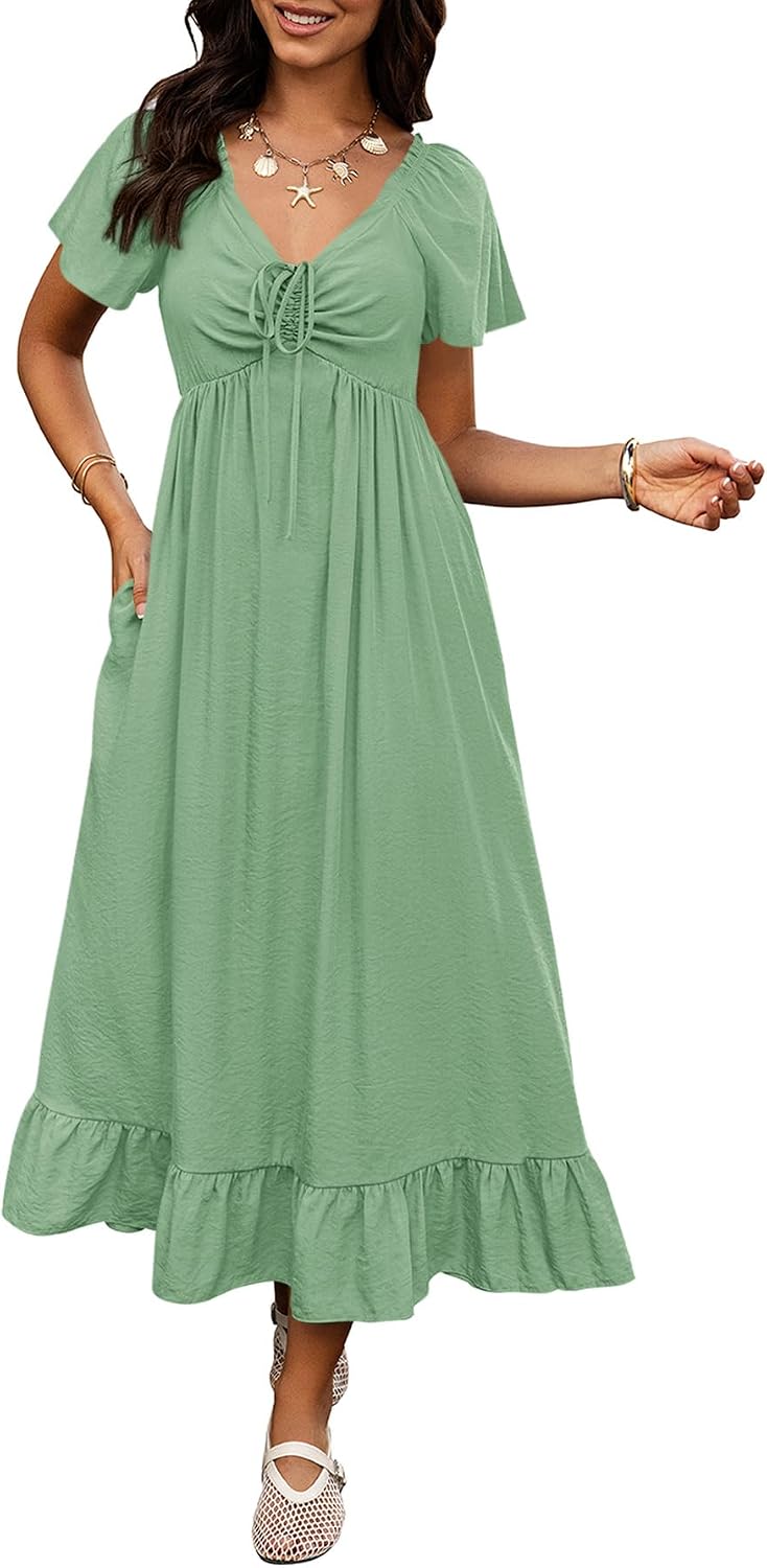 BTFBM Womens Summer Dresses 2026 Wedding Guest Maxi Dress | Short Sleeve, V Neck, Drawstring,A-Line,Loose Fit,Solid,Cocktail,Party,Boho Beach Long Dress,Prom,Beach Vacation Clothes
