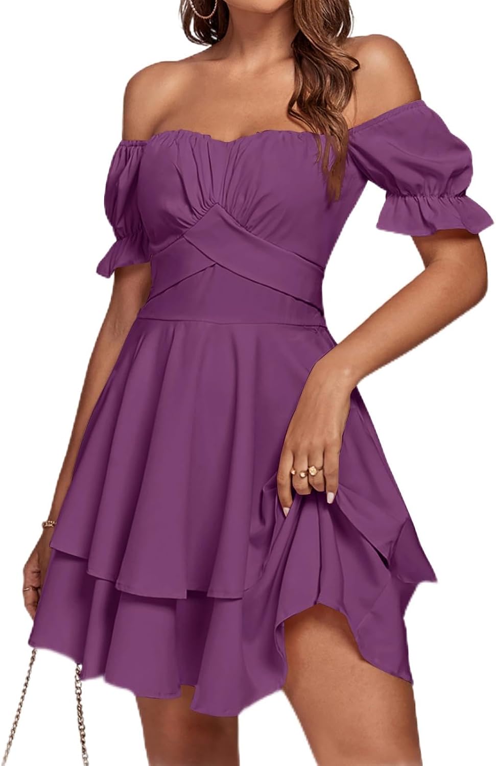 LYANER Women's Off Shoulder Casual Dress | Summer Tie Back Wrap Layer Ruffle A Line Short Sleeve Party Elegant Mini Dresses