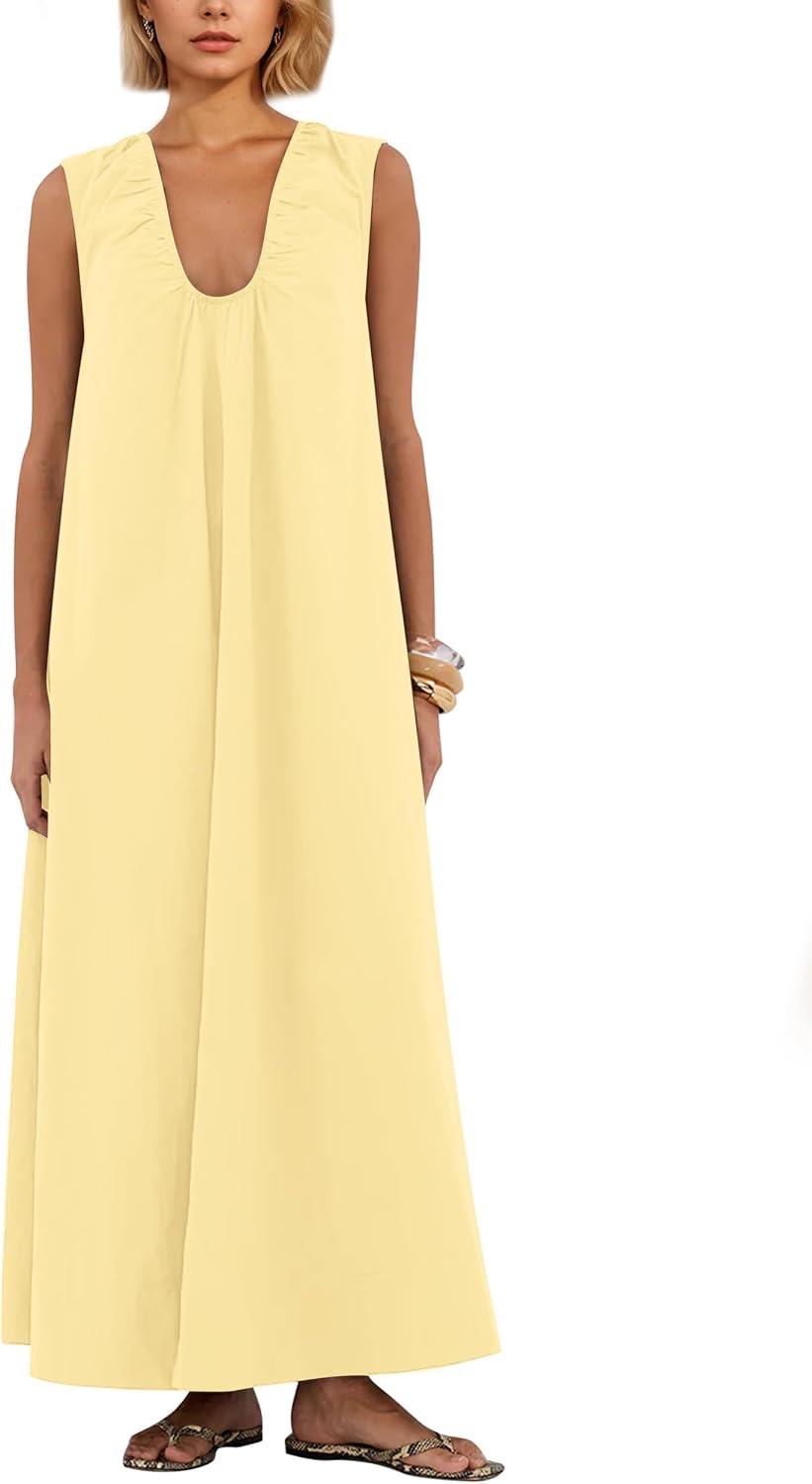 Ardrem Women Sleeveless Ruched Maxi Dress Scoop Neck Long Elegant Dresses Wide Shoulder Strap Blouse Dress with Side Pockets