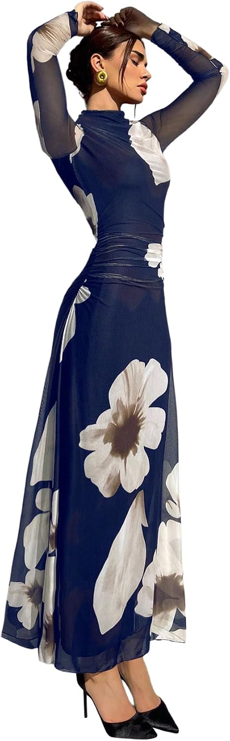 Verdusa Women's Floral Wedding Guest Dress Long Sleeve Mesh Maxi Dresses | Bodycon Dresses, Elegant Dresses for Women, Flowy Dresses, Cocktail Outfits, Fall Dresses for Women