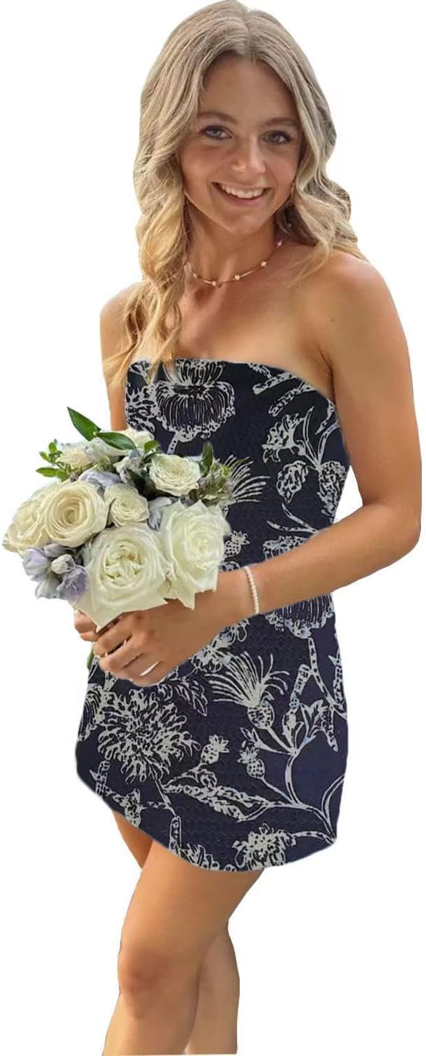 Flybridal Floral Mini Strapless Homecoming Cocktail Dress | Short Prom Graduation Birthday Party Dresses, Semi Formal Wedding Guest Outfit, Built in Bra, Lace-up and Zipper Closure