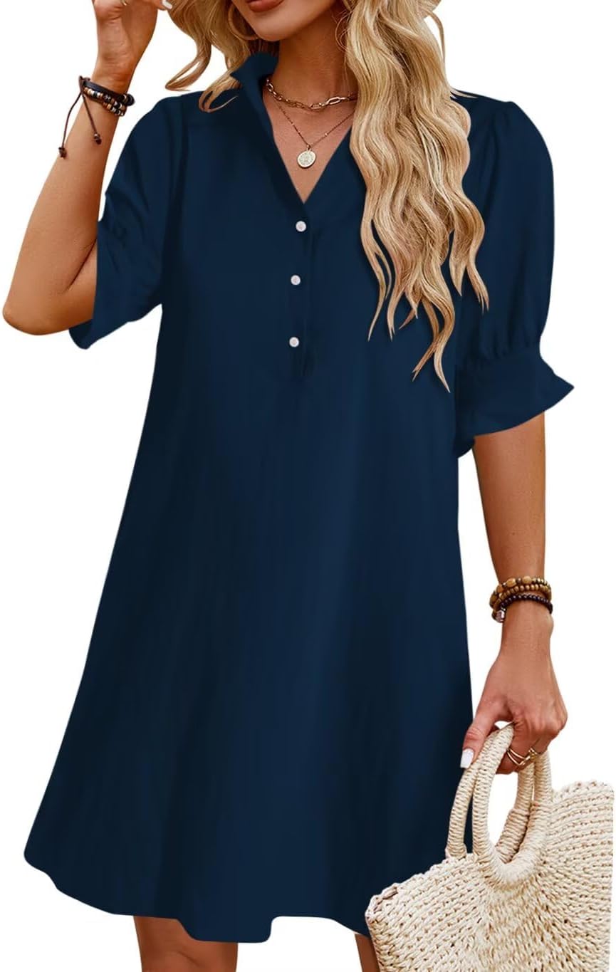 JPGLOV Womens Summer Shirt Mini Beach Dresses | Button Down Shift Dress,Ruffle Short Sleeve,Floral Boho Style,Side Pockets,Casual Vacation Hawaiian Wedding Guest Outfits