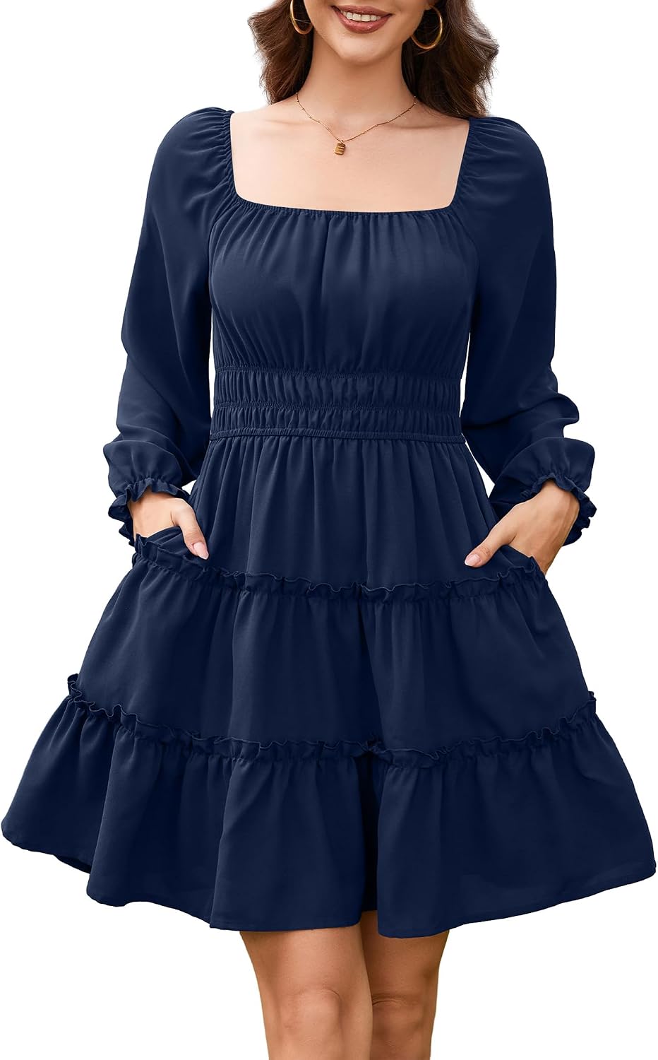 Amoretu Women\u2019s Square Neck Long Sleeve Dress Tiered Ruffle A-Line Flowy Mini Dresses with Pockets