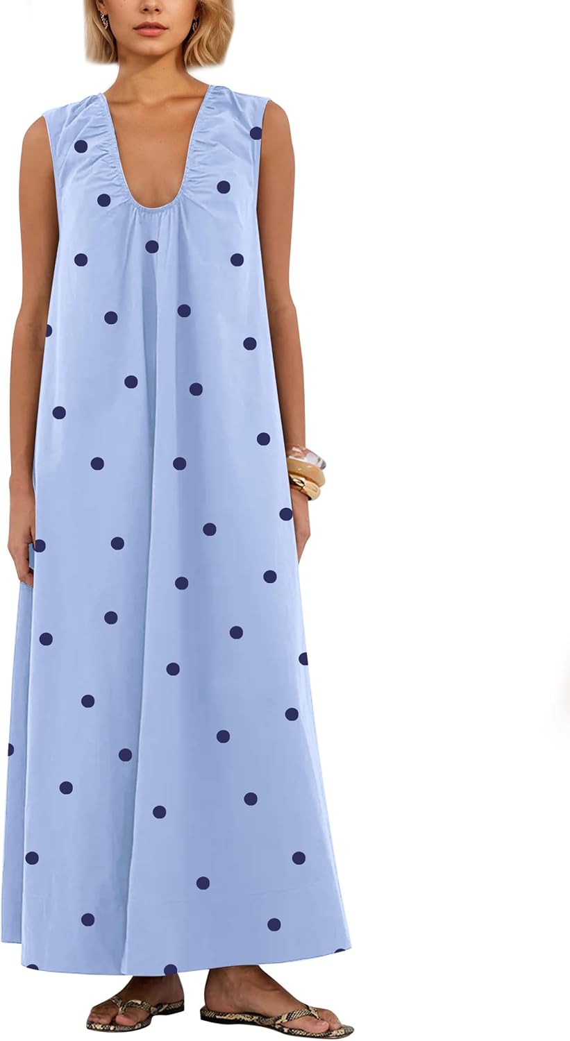 Ardrem Women Sleeveless Ruched Maxi Dress Scoop Neck Long Elegant Dresses Wide Shoulder Strap Blouse Dress with Side Pockets