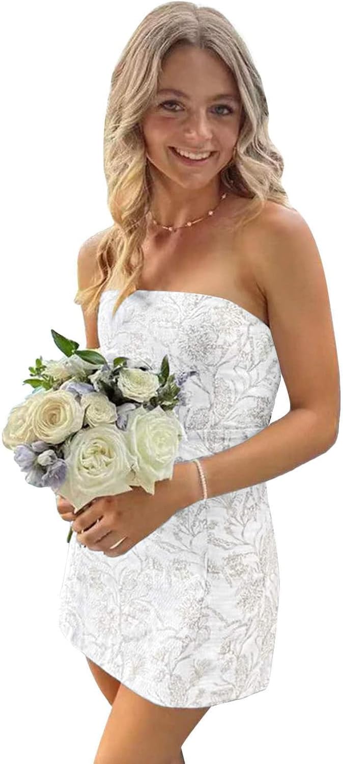 Flybridal Floral Mini Strapless Homecoming Cocktail Dress | Short Prom Graduation Birthday Party Dresses, Semi Formal Wedding Guest Outfit, Built in Bra, Lace-up and Zipper Closure