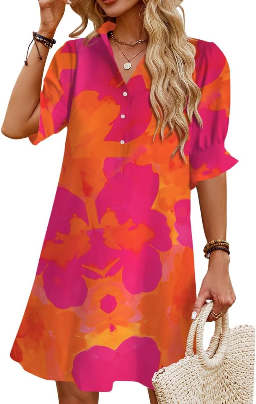 JPGLOV Womens Summer Shirt Mini Beach Dresses | Button Down Shift Dress,Ruffle Short Sleeve,Floral Boho Style,Side Pockets,Casual Vacation Hawaiian Wedding Guest Outfits