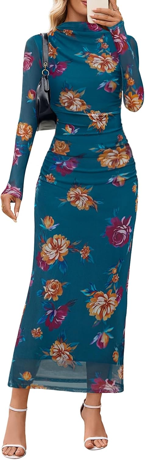 Floral Mesh Long-Sleeve Bodycon Maxi Dress in Teal Floral